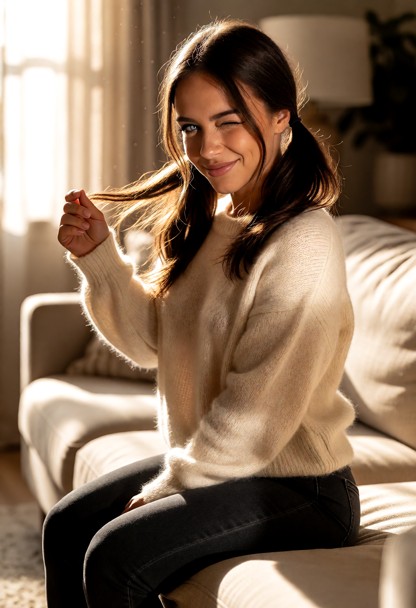 Location: afternoon in a cozy, sun-drenched living room with warm light filtering through sheer curtains, illuminatin…