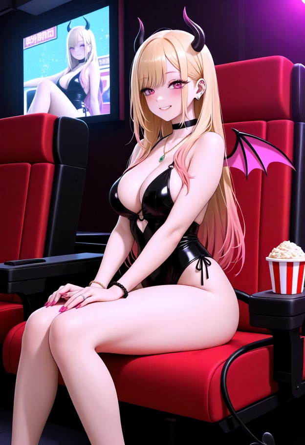 marin is scrambling backward on her knees in a movie theater,black satin succubus outfit,black horns,black leather ta…
