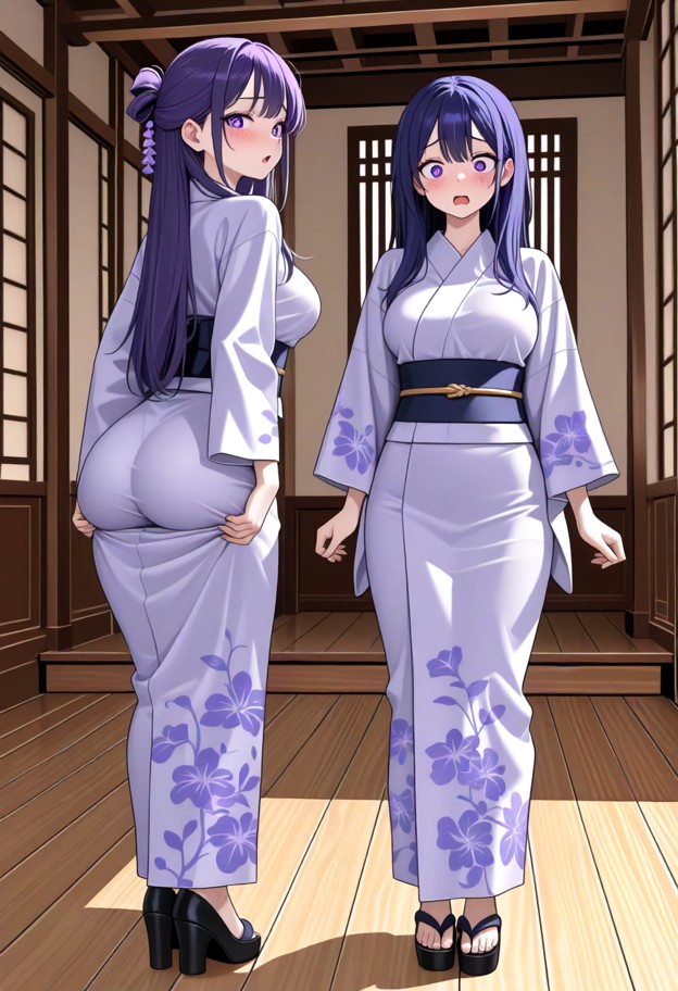 2girls,1girl standing,pale violet floral kimono,east asian,straight deep blue hair,blue eyes,petite,medium breasts,an…