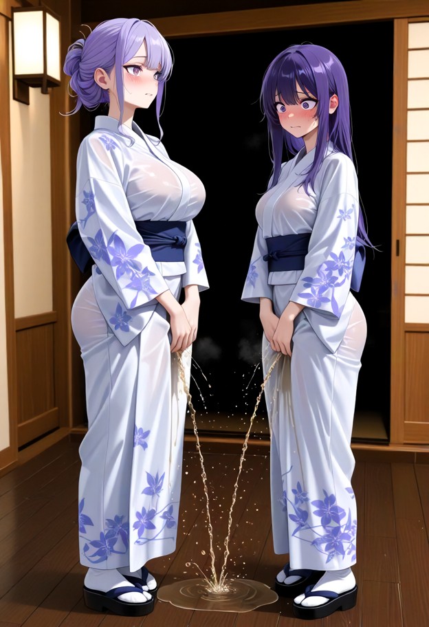 2girls,east asian,24 years old,violet hair straight hairstyle violet eyes petite small body type,deep blue hair strai…