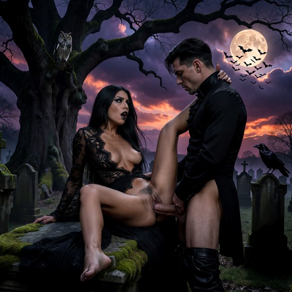 A dark gothic pornographic sex scene in a cemetery at night. A woman with long, flowing jet-black hair and wearing an…