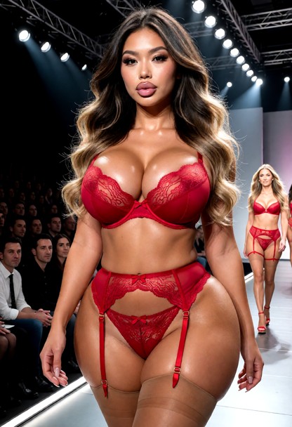 Shot 1 – Catwalk reveal

Ultra-slow dolly-in on Zuchi striding the glossy runway in red lace lingerie; audience rows …