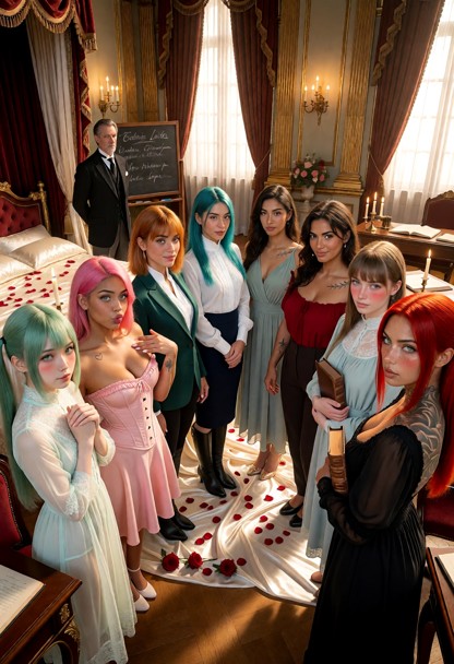 An elegant image of eight distinct twenty-one-year-old adult women gathered inside the Royal Academy for Ladies class…