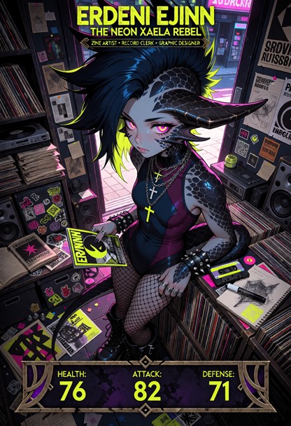 Create a premium anime-fantasy trading card featuring **Erdeni Ejinn**, titled **“Erdeni Ejinn — The Neon Xaela Rebel…