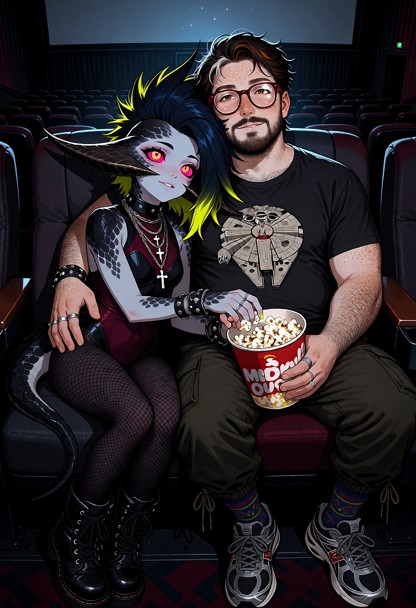 Create a highly detailed cinematic scene inside a dark, modern movie theater during a quiet moment of a film, with th…