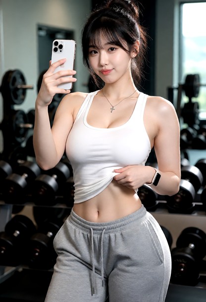 A youthful Korean woman, 21 years old, with a tall, slender figure — broad shoulders, thin waist, toned abs, wide hip…