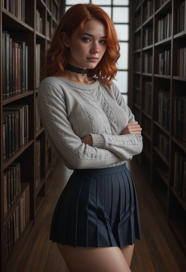 tsuki is hugging viewer tightly in a library,grey wool sweater,dark navy pleated cotton skirt,empty school library,ta…