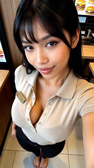 1girl taking selfie from above, solo, looking down at chest and feet, seductive expression, jollybee crew uniform, ti…