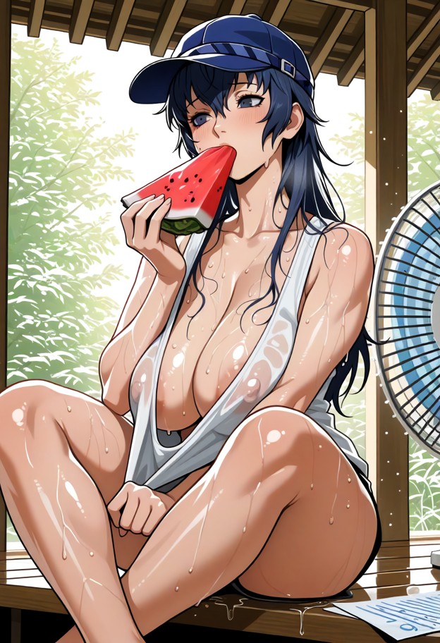 1girl,solo,anime style,extremely hot japanese countryside summer,sitting on a wooden engawa of a traditional japanese…