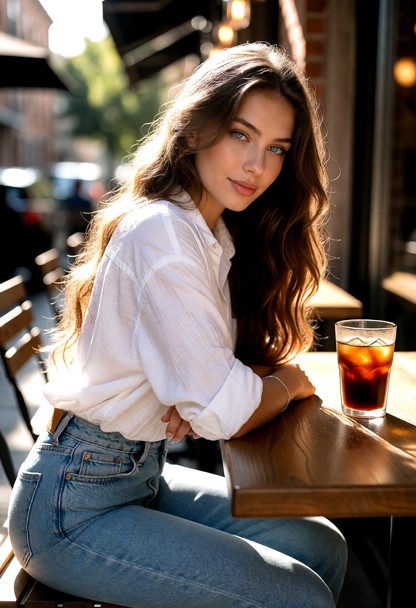 Location: sunlit café patio during a bright afternoon, with warm sunlight casting soft shadows across the wooden tabl…
