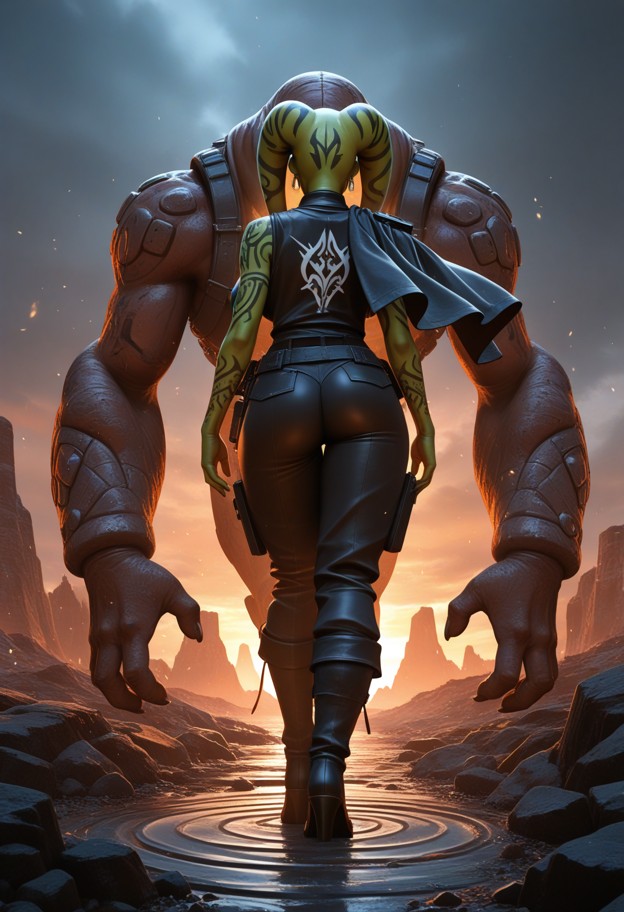 a wide-angle cinematic shot at dusk on a jagged cliffside. a determined
woman in practical leather-and-canvas advent…