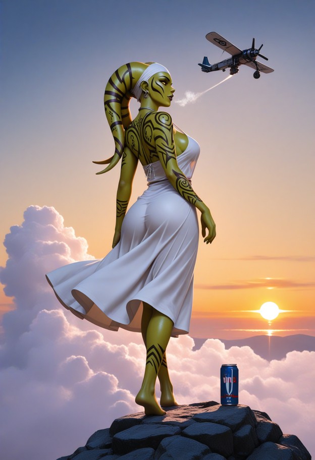 an ultra-dynamic worm's-eye view looking straight up at a woman swinging at extreme height. she has a look of intense…