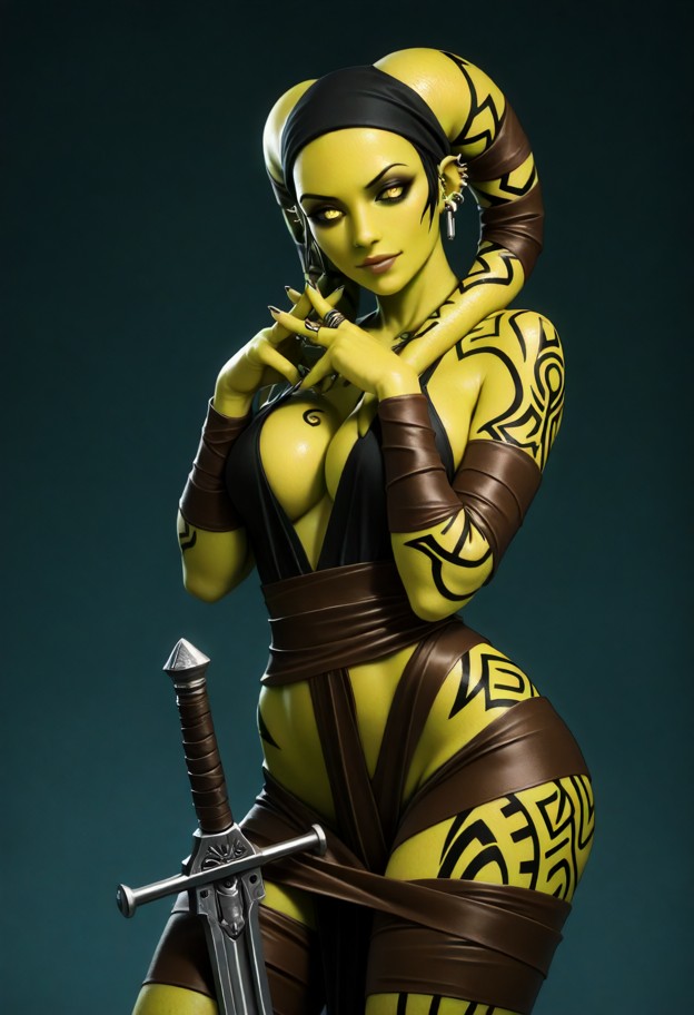 full-body shot,front view of a woman warrior standing. she is clamping two dual katanas over her shoulders. both hand…