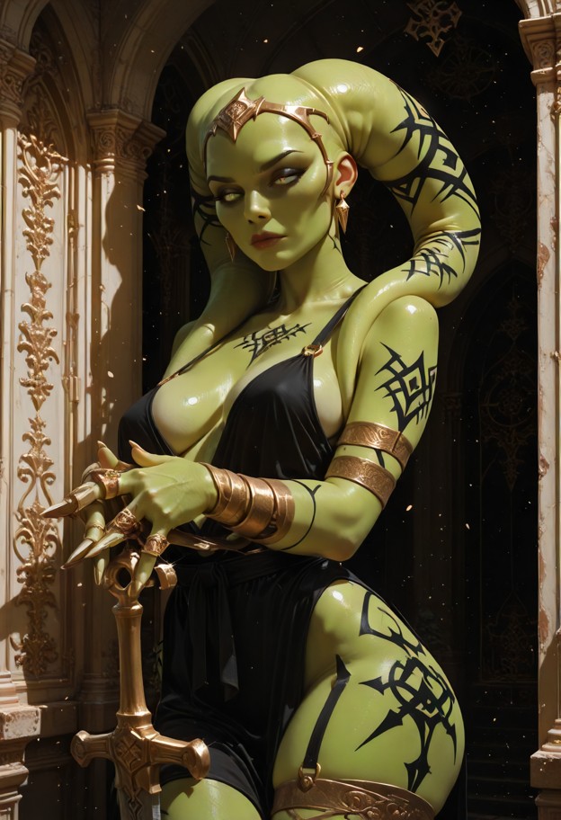 full-body shot,front view of a woman warrior standing. she is clamping two dual katanas over her shoulders. both hand…
