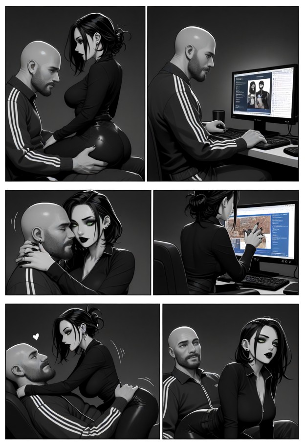 1 guy,1 girl,guy sitting at computer playing games,guy tall bald bearded male with slim athletic build and dark beard…