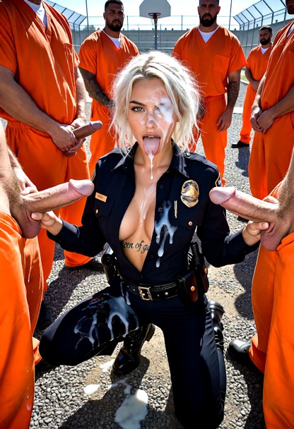 Location: bright morning in a sprawling prison yard with gravel ground, chain-link fences, and several large inmates …