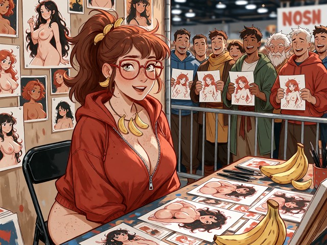 Helena is sitting at an artist's table at the Comic-Con. The table is covered with her own illustrations and hentai d…