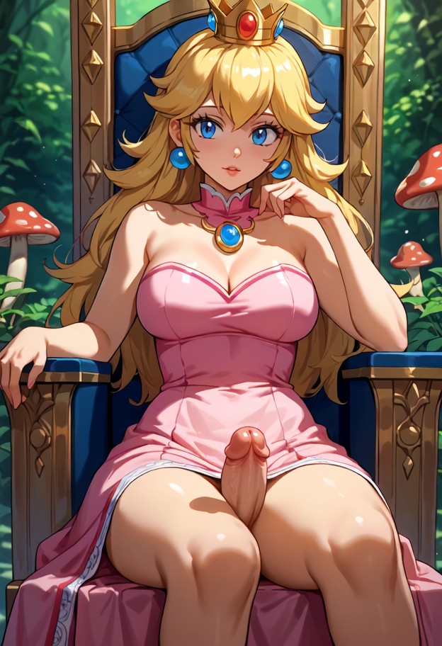 1girl,futa,sitting on throne,open pink dress,gold accents,naked,boobs,stroking shaft,frontal view,mushroom kingdom ba…