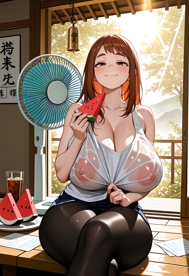 1girl,solo,anime style,extremely hot japanese countryside summer,sitting on a wooden engawa of a traditional japanese…