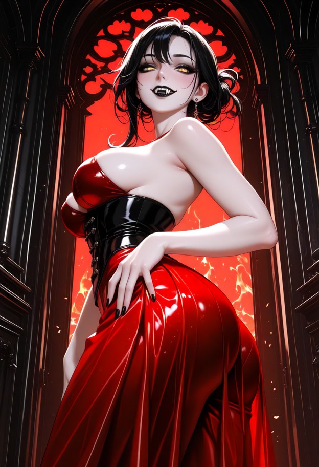a she is character is circling,grinning,licking her lips,black leather corset,red silk skirt,dimly lit stone corridor…