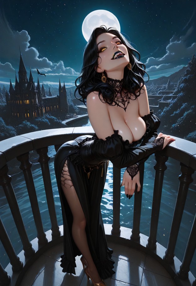 1girl,daniela dimitrescu,solo,golden eyes glowing,black corset dress,deep cleavage,short flared skirt,torn stockings,…