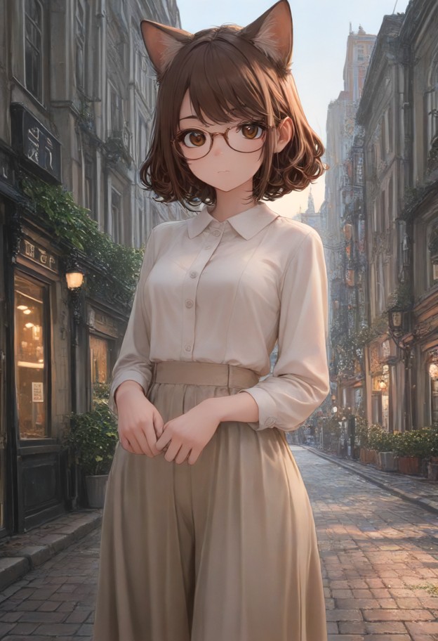 librarian outfit,blouse,long skirt,flowy skirt,glasses,classic style,city,street_lights,
