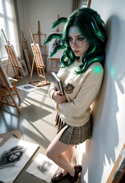 Location: bright morning in a sunlit art studio filled with wooden easels, scattered charcoal sketches, and large can…