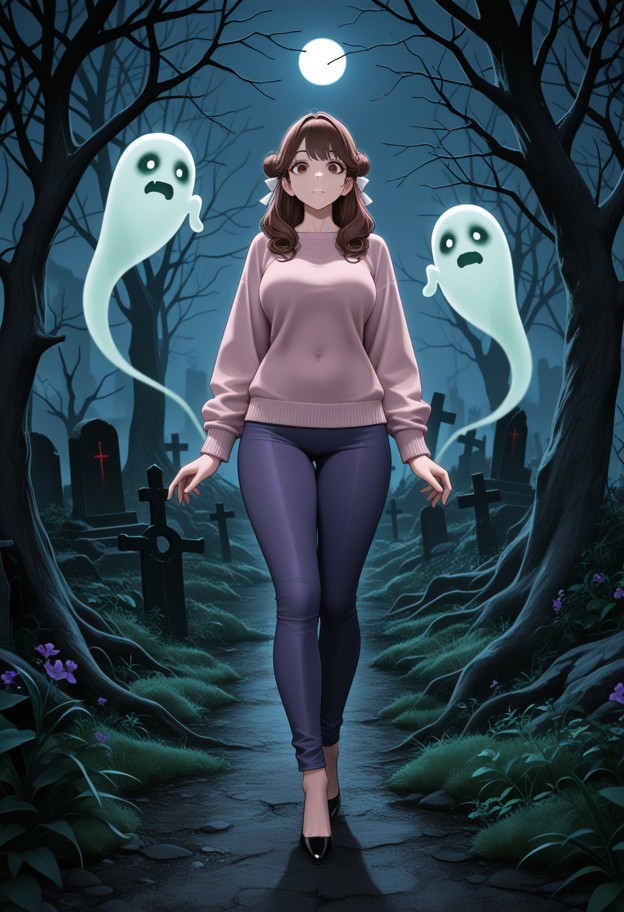(she is haunted by one large floating ghost in a dark graveyard:1.5),(scared,frightened,wide eyes,tense expression,an…