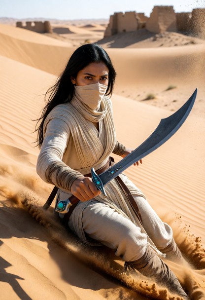 /imagine prompt: Action shot of a nimble desert swordswoman sliding down a sand dune while parrying an invisible blow…