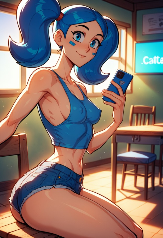 she is sitting on a chair holding a smartphone and looking at the viewer happy,blue cotton tank top,denim shorts,brig…