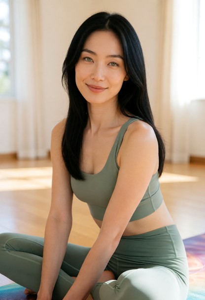 Location: a serene, sunlit yoga studio with polished light wood floors, soft cream-colored walls, and large windows t…