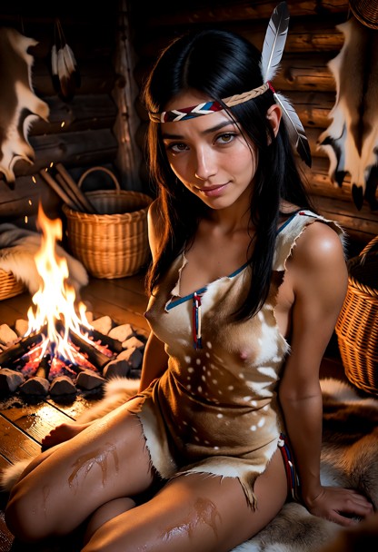 Location: cozy interior of a rustic wooden cabin filled with the warm, flickering orange glow of a central campfire, …