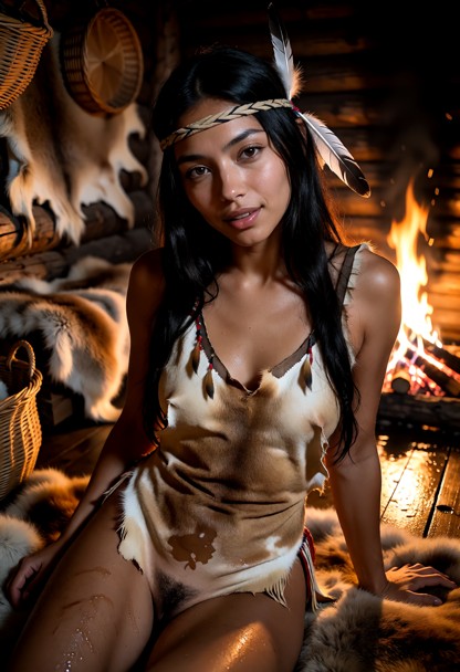 Location: cozy interior of a rustic wooden cabin filled with the warm, flickering orange glow of a central campfire, …