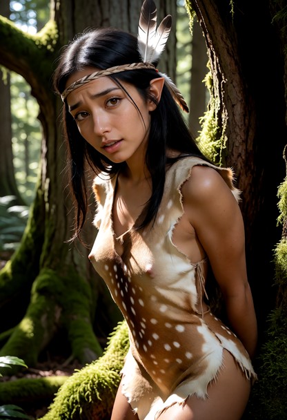 Location: dappled sunlight filters through the dense green canopy of a lush forest, illuminating the textured bark of…