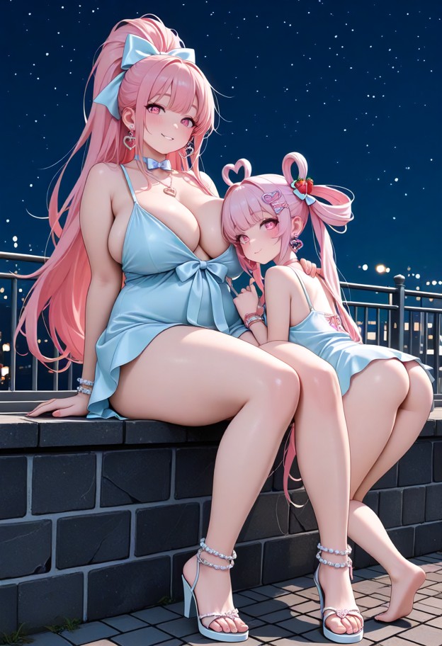 two women and one man sitting on a terrace,she is,blue summer dress,naked under dress,stone floor,metal railing,night…
