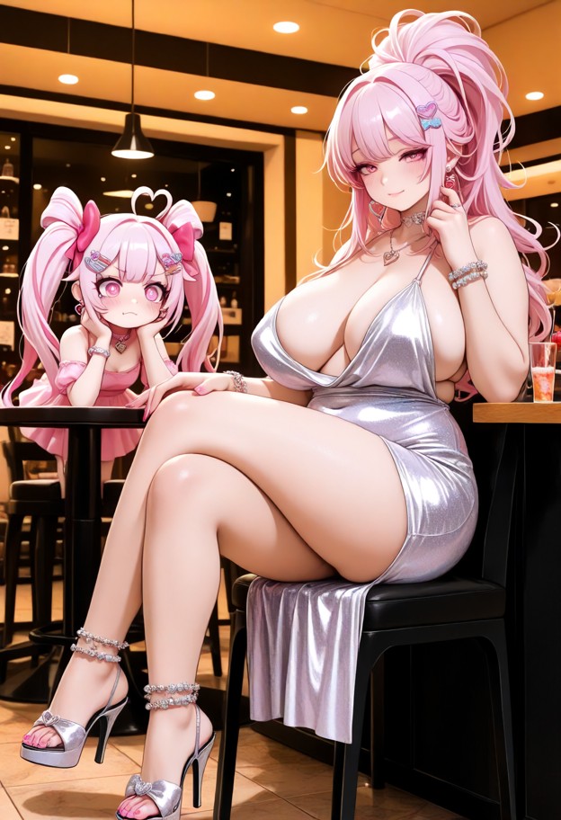 two women in a luxury restaurant,she is in pink silk dress facing manager with angry expression,she is in light blue …