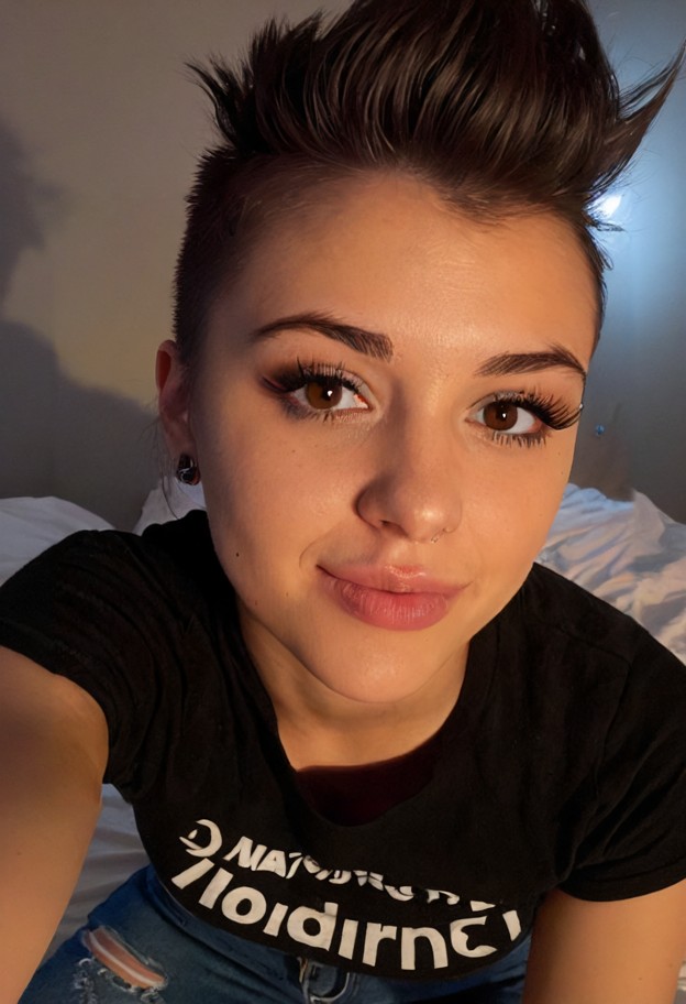 she is biting her lip ring,solo,faded black band tee,ripped blue denim jeans,dimly lit bedroom,bed in background,shad…