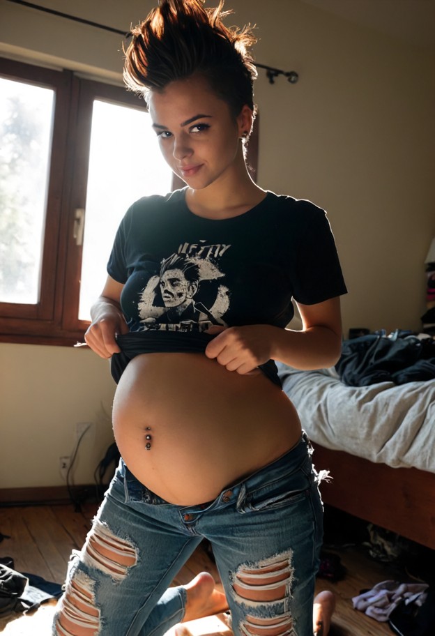 she is is lifting her black band tee to reveal her pregnant belly,black band tee,unbuttoned blue ripped jeans,messy b…