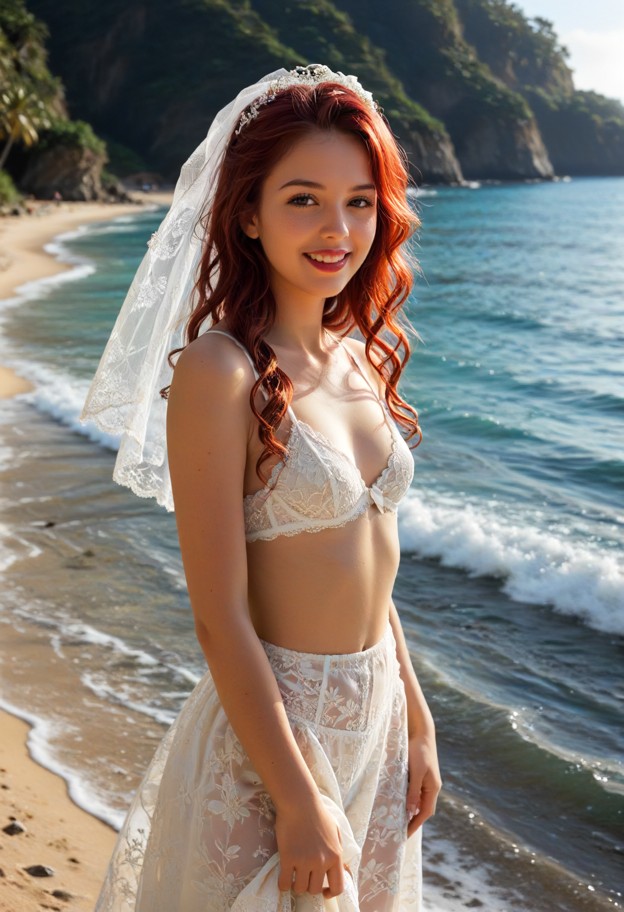 she is is laughing and being spun around,white lace wedding dress,white silk veil,sandy beach,ocean waves,turquoise w…