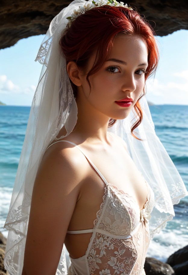 she is leaning against viewer,white lace wedding dress,white silk veil,sandy beach,ocean waves,turquoise water,distan…