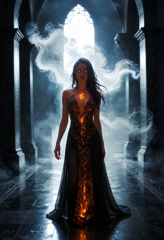 a
ghostly female thief manifesting from swirling black ink and ethereal
smoke,her form semi-transparent,reaching fo…