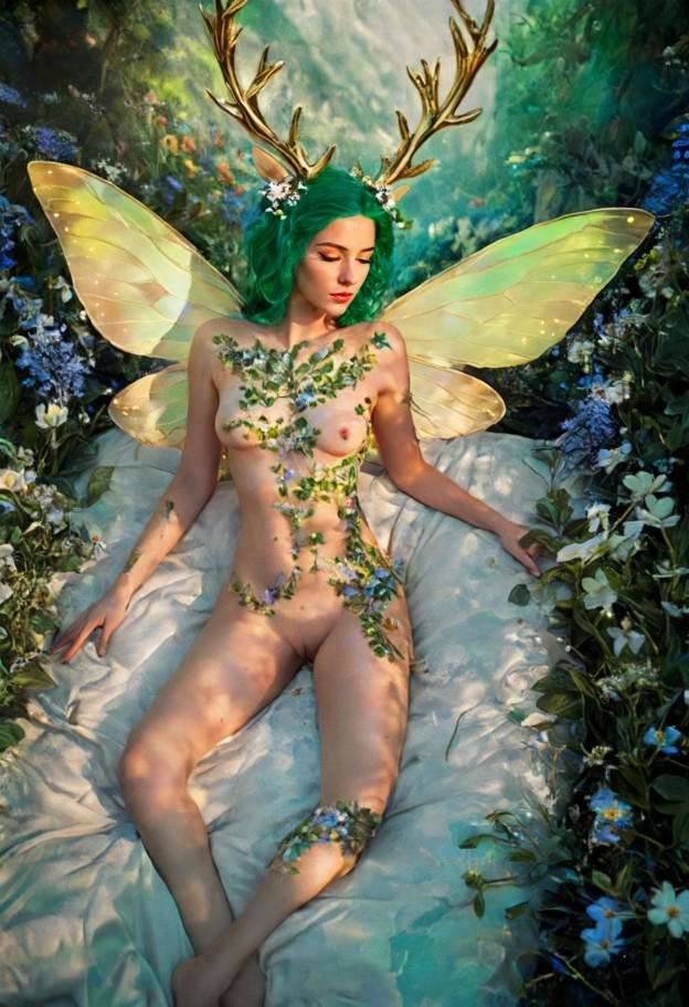 a serene female spirit emerging from a bed of vivid alpine flowers,delicate butterfly wings,soft watercolor texture b…