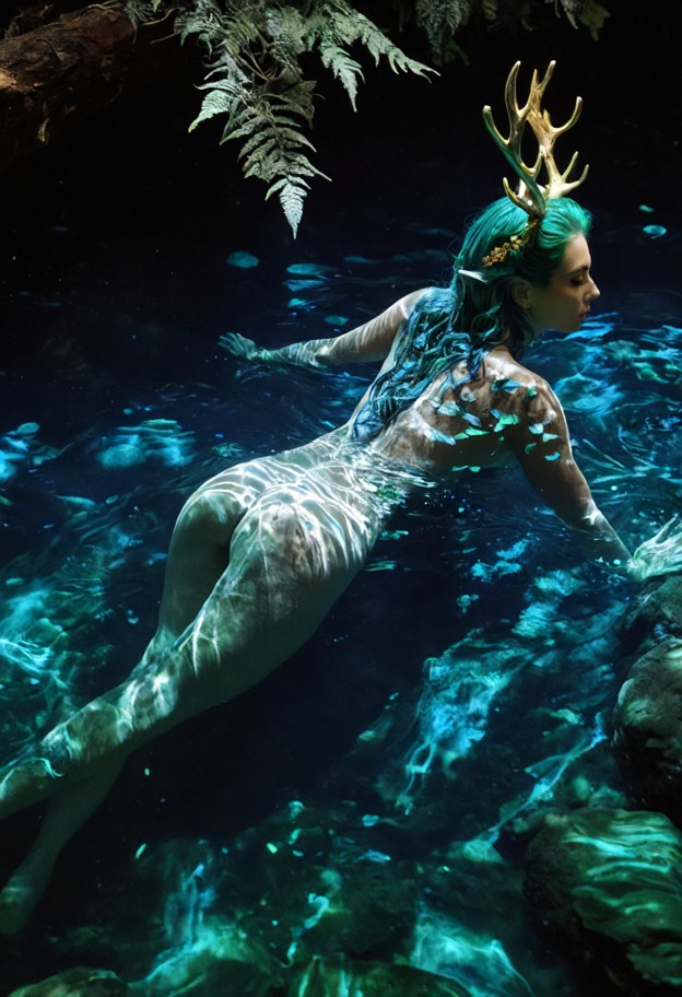 a majestic water spirit in female form,body composed of flowing crystal-clear river water,iridescent ripples,glowing …