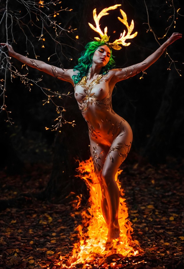a fiery female nature spirit blending bright autumn leaves with glowing phoenix feathers,embers rising,dynamic pose,h…