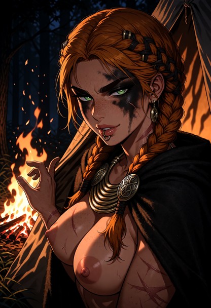 Location: night in a dark forest clearing by a glowing campfire, where dancing orange embers rise into the air and th…