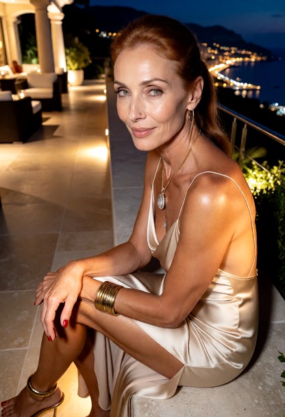 Location: elegant evening on a luxurious Monte Carlo terrace overlooking the sparkling lights of the coast, with warm…