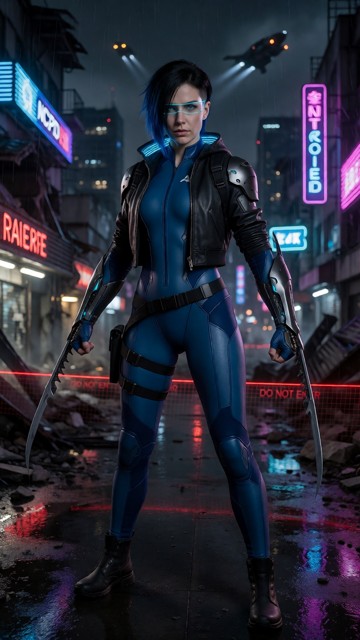 1girl standing in combat stance exiting police AV, arms blades fully extended, blue NCPD tactical skinsuit, armored j…