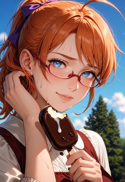 her hair and the blurred backgroung image of the sky, clounds, and trees