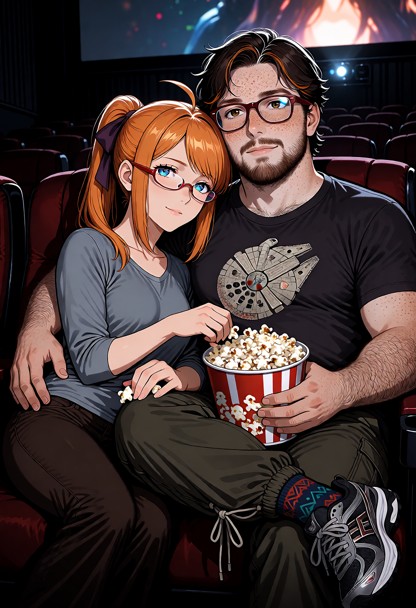Create a highly detailed, cinematic movie-theater scene featuring **Subaru Konoe** and a 37-year-old Caucasian human …