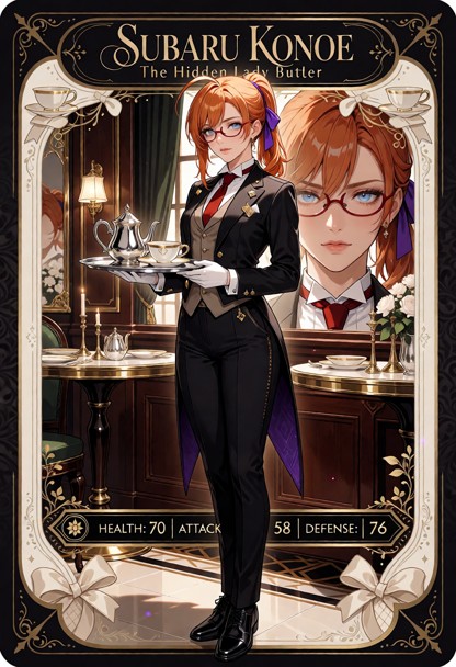Create a premium collectible trading card featuring Subaru Konoe, with her name prominently displayed across the top …